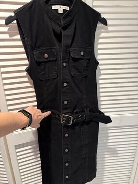 Tommy Hilfiger Black Denim Sleeveless Pockets & Button-Front Belted Dress